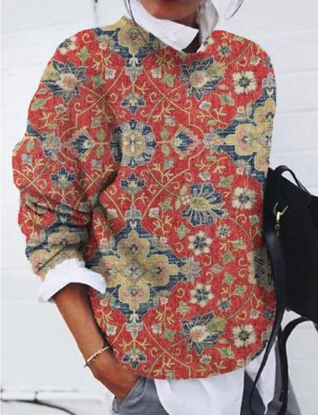 Women's Grinding Flower Printed Loose Long Sleeves Blouses