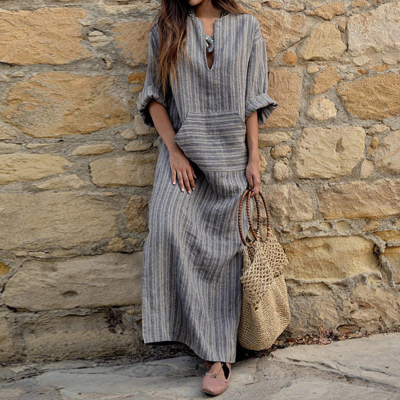 Cotton Linen Yarn-dyed Striped Loose Length Dresses