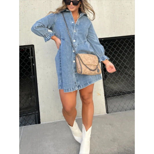 Washed Shirt Denim Lantern Sleeve Loose Dresses