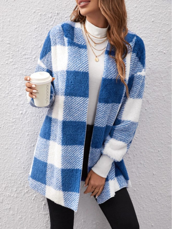 Women's Loose Plaid Color Stitching Knitted Fashion Coats