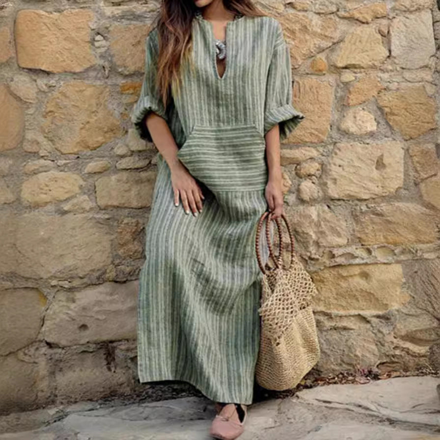 Cotton Linen Yarn-dyed Striped Loose Length Dresses