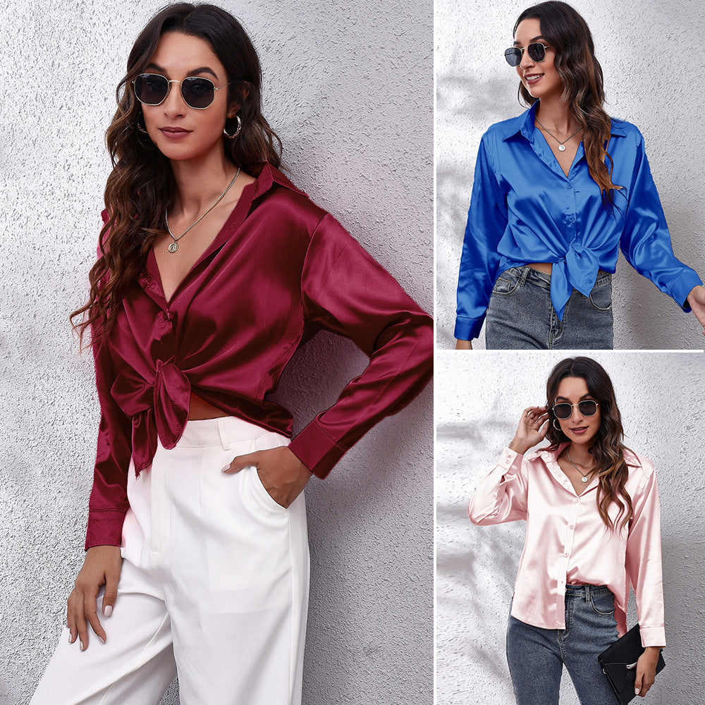 Women's Fashion Attractive Satin Shirt Long-sleeved Blouses