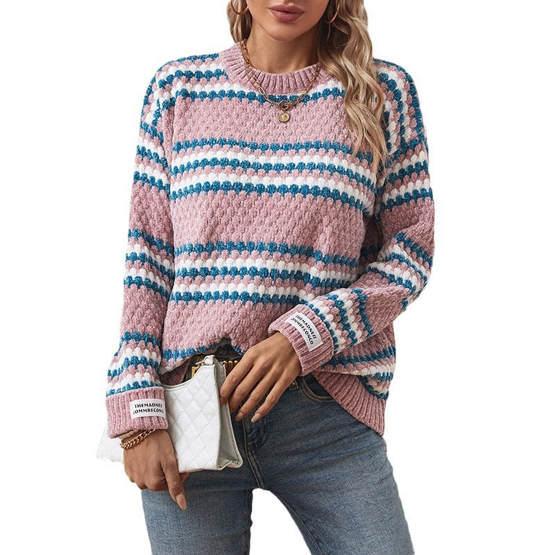 Women's Color Striped Round Neck Pullover Chenille Loose Sweaters