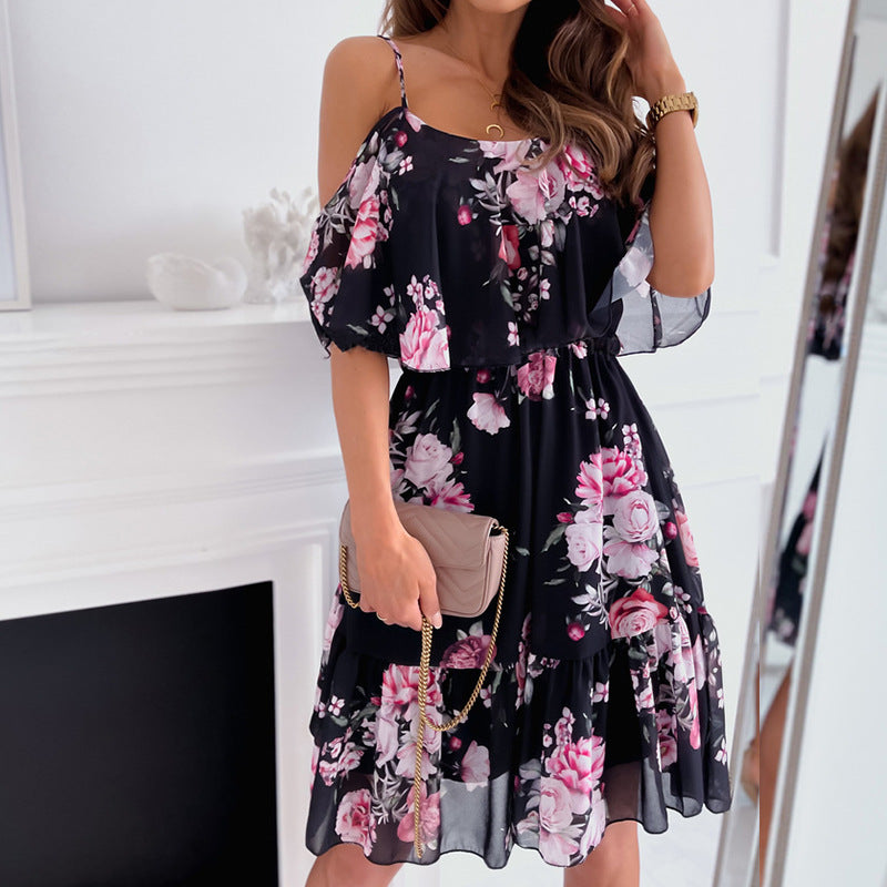 Spring Chiffon Printed Strapless Sexy Dress Dresses