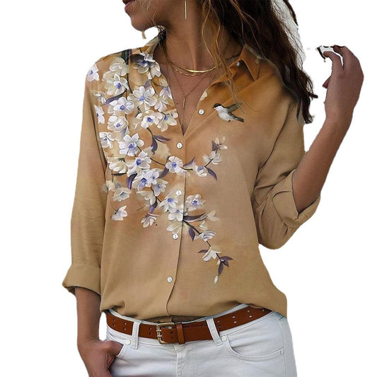 Women's Floral Printed Long Sleeve Button Shirt Blouses