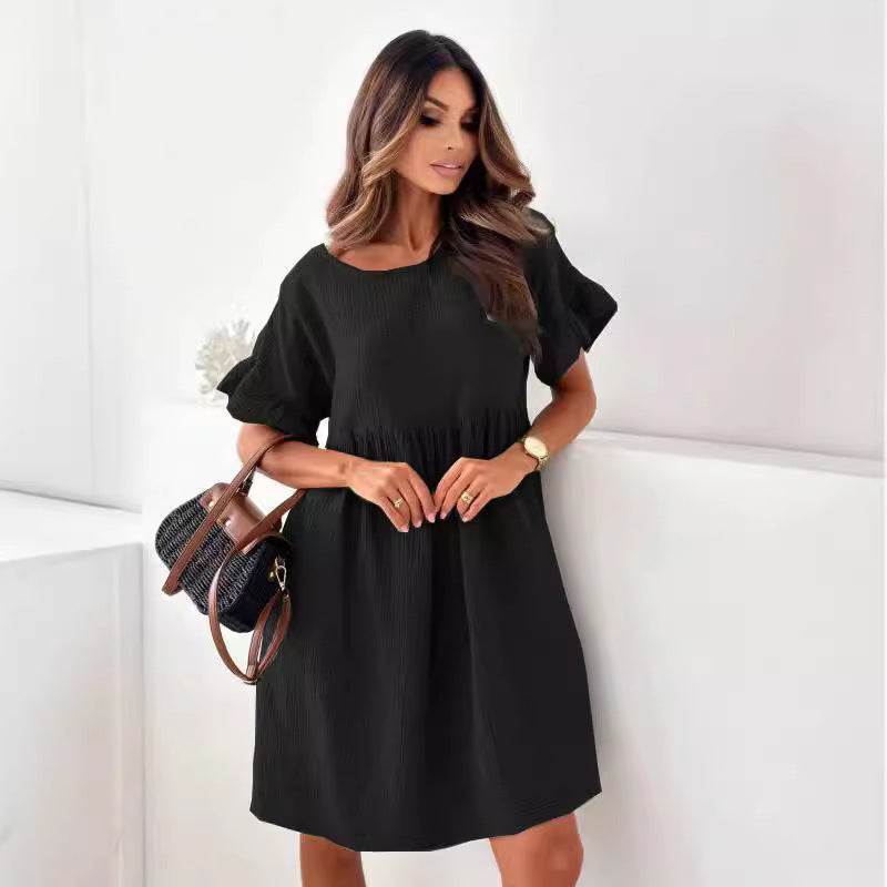 Women's Summer Round Neck Sleeve Loose Pleated Solid Dresses