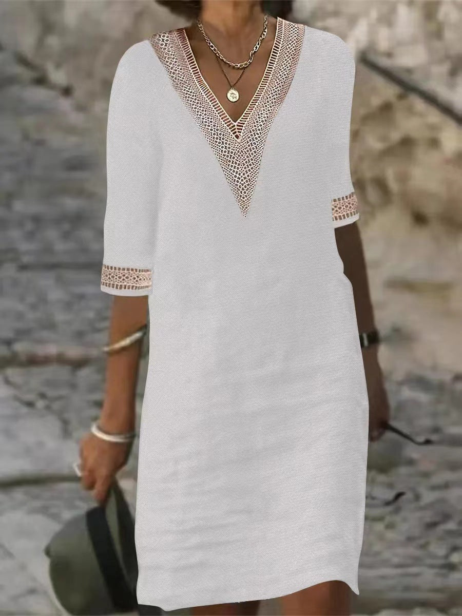 Women's Solid Color And Lace Cotton Linen Dresses