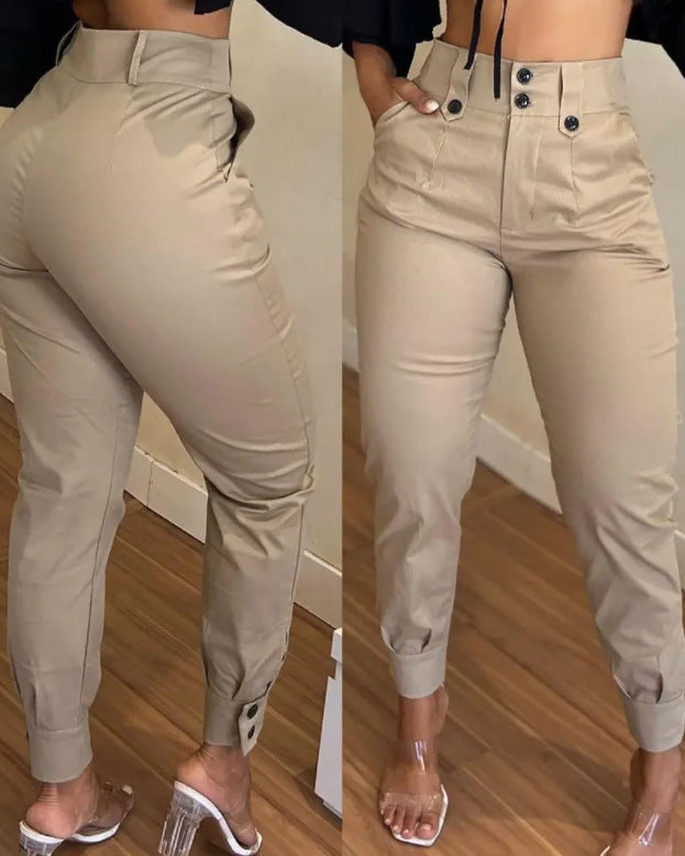 Pantalon à bandes de cheville avec poches et boutons à la taille pour femme