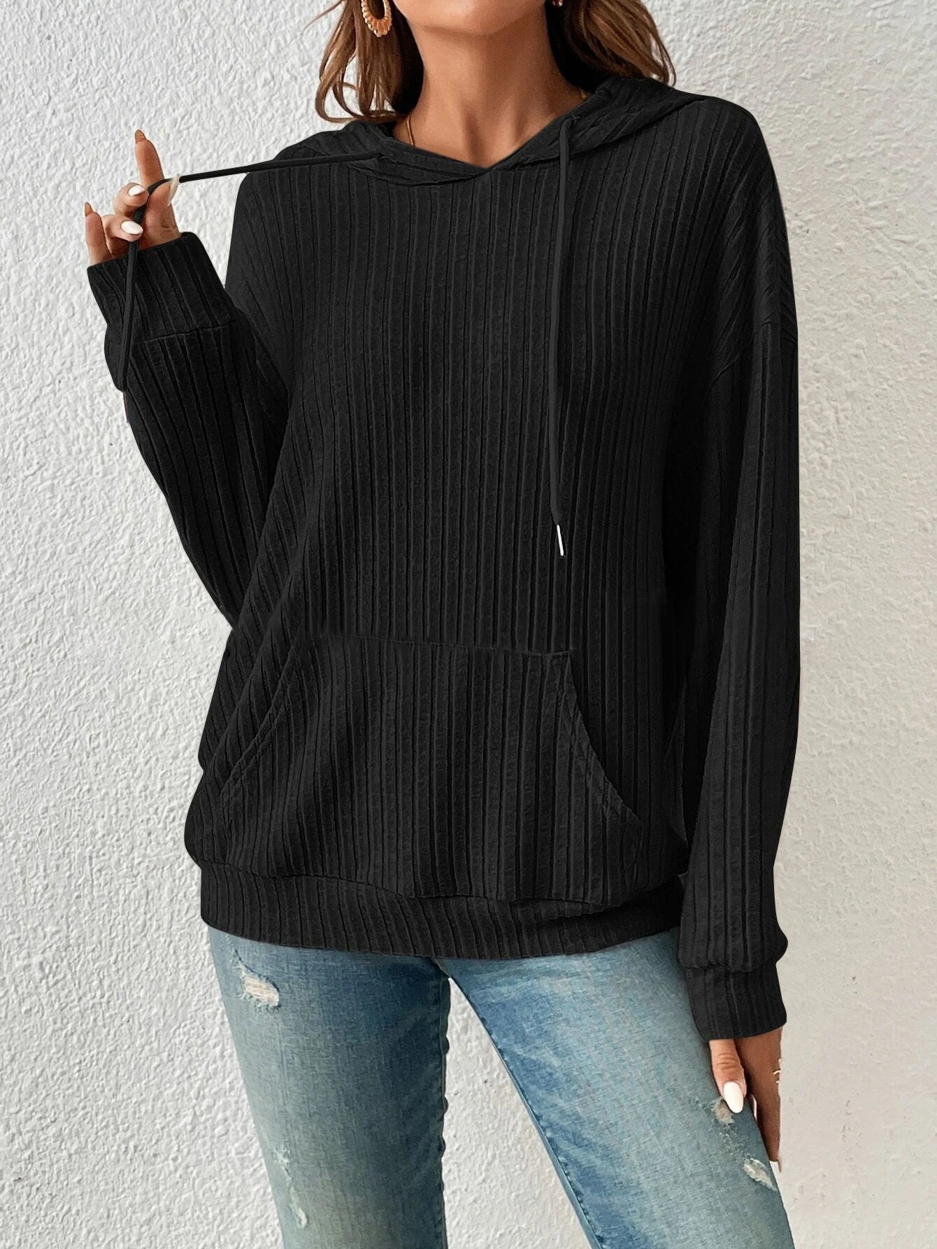 Women's Hooded Sunken Stripe Kangaroo Pocket Sweatshirt Knitwear