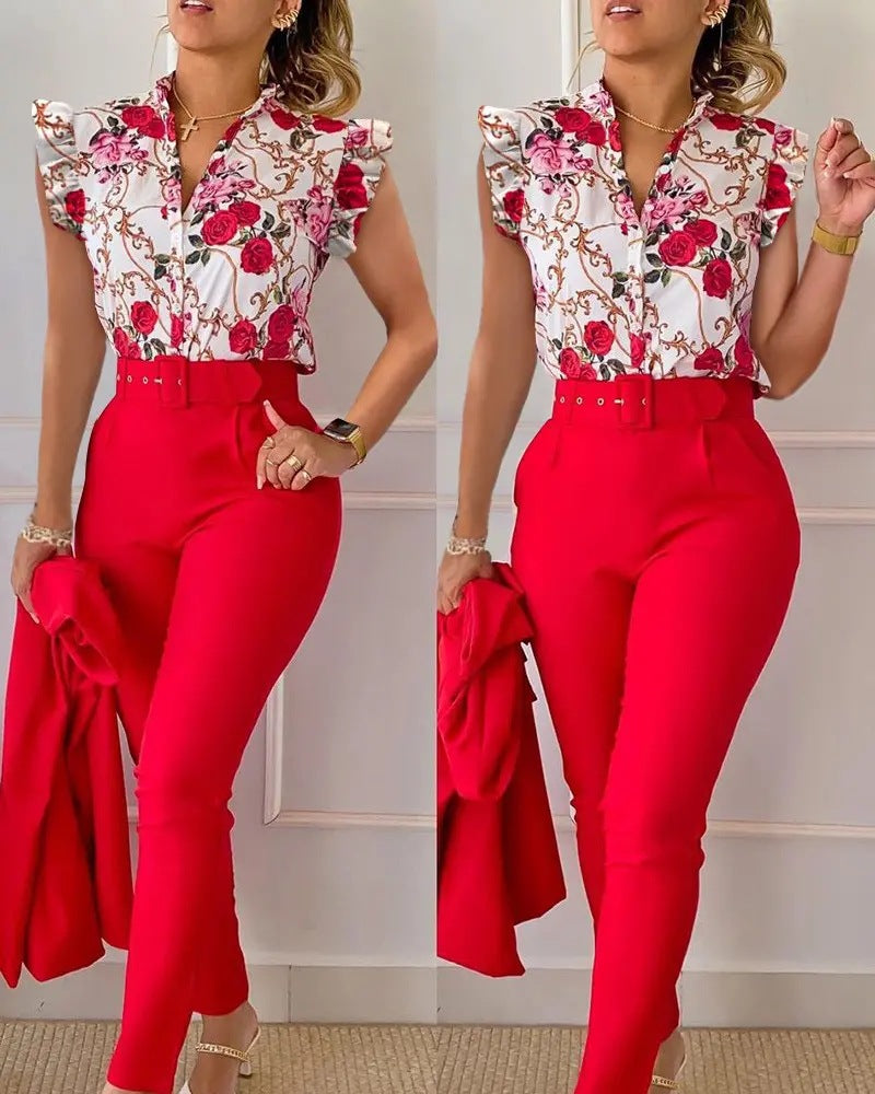 Fashion Printed Ruffle Sleeve Solid Color Suits