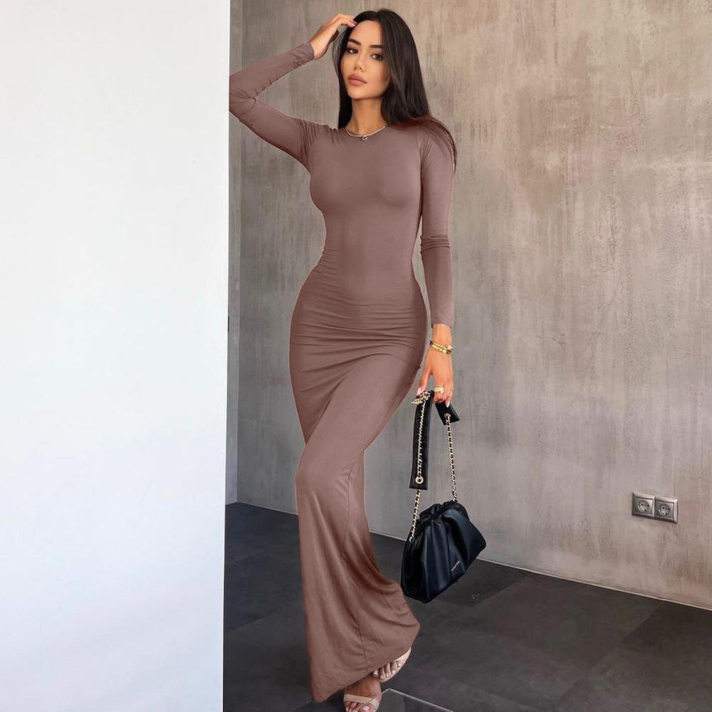 Women's Solid Color Round Neck Mid Waist Long Dresses