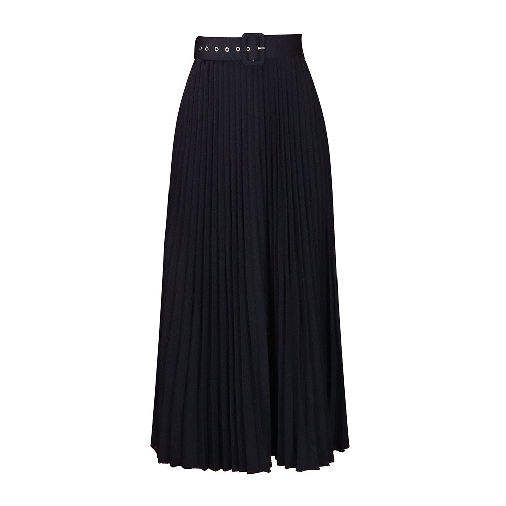 Women's High Waist Large Belt Mid-length Pleated Skirts