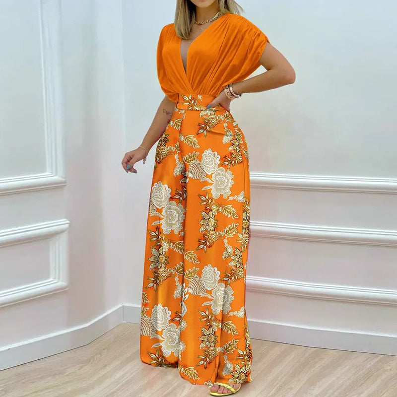 Women's Summer Elegant V-neck Printed Wide-leg Casual High Suits