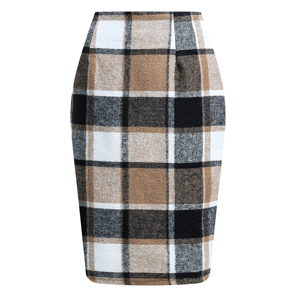 Women's Tartan High Waist Tight Knee-length Wool Skirts