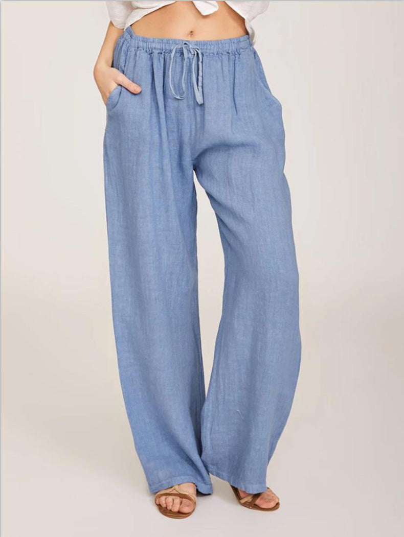 Pantalon décontracté ample en coton et lin pour femme