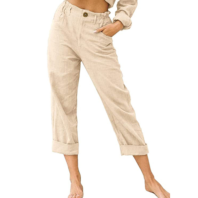 Pantalon décontracté taille haute en coton et lin pour femme, couleur unie, mode, ample