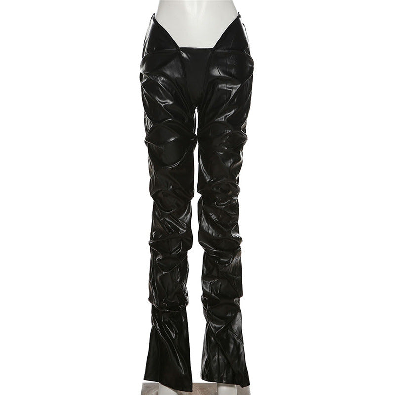 Pantalon de ville sexy taille basse en similicuir plissé à la mode pour femme