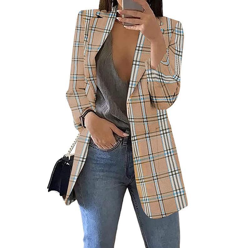 Blazer slim à revers à carreaux pour femme