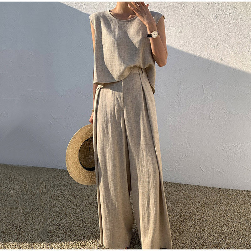 Women's Linen Loose Two-piece Sleeveless Wide Leg Suits