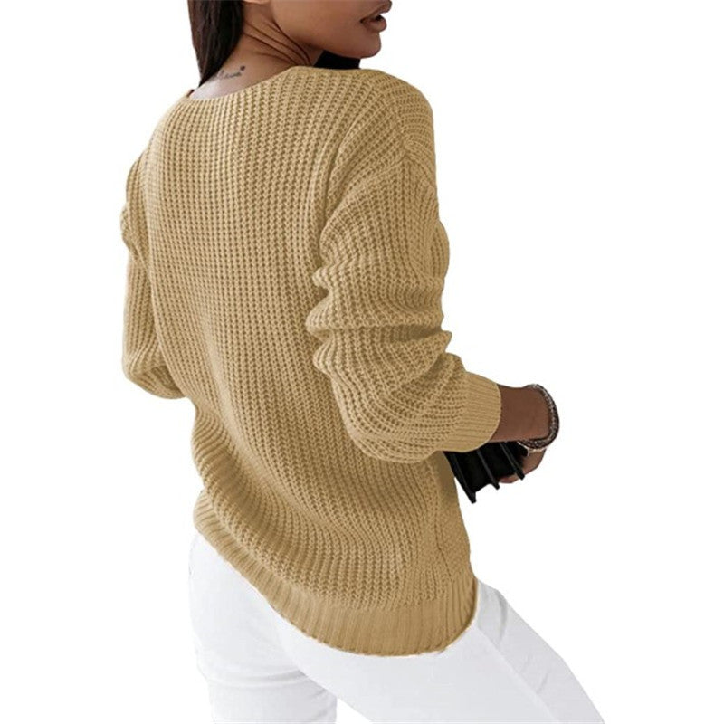 Women's Long Sleeve V-neck Solid Color Twist Casual Knitted Sweaters