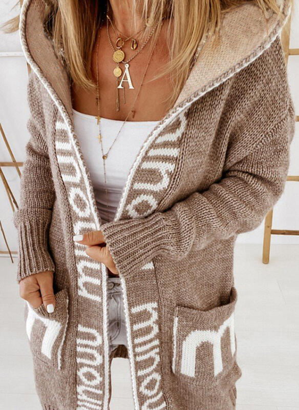 Versatile Women's Mid-length Hooded Letter Knitted Sweaters