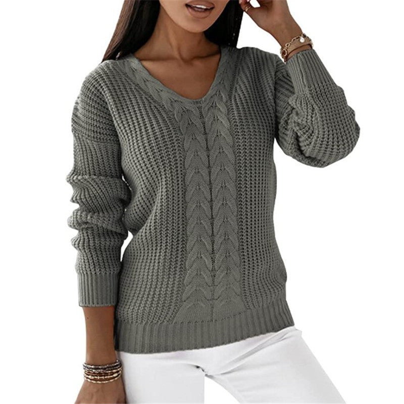 Women's Long Sleeve V-neck Solid Color Twist Casual Knitted Sweaters