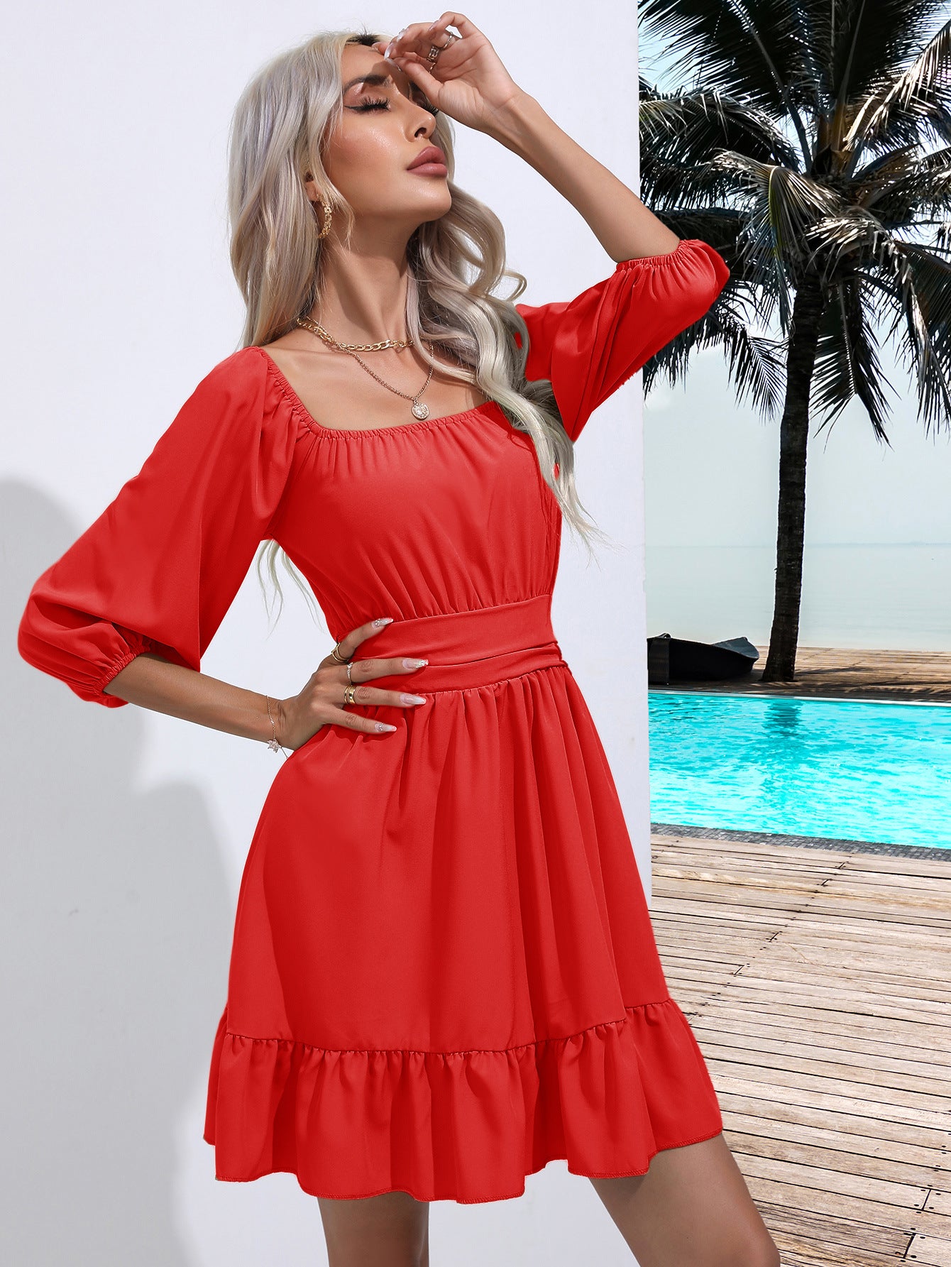 Women's Ruffled Square Collar Dress Lace Dresses