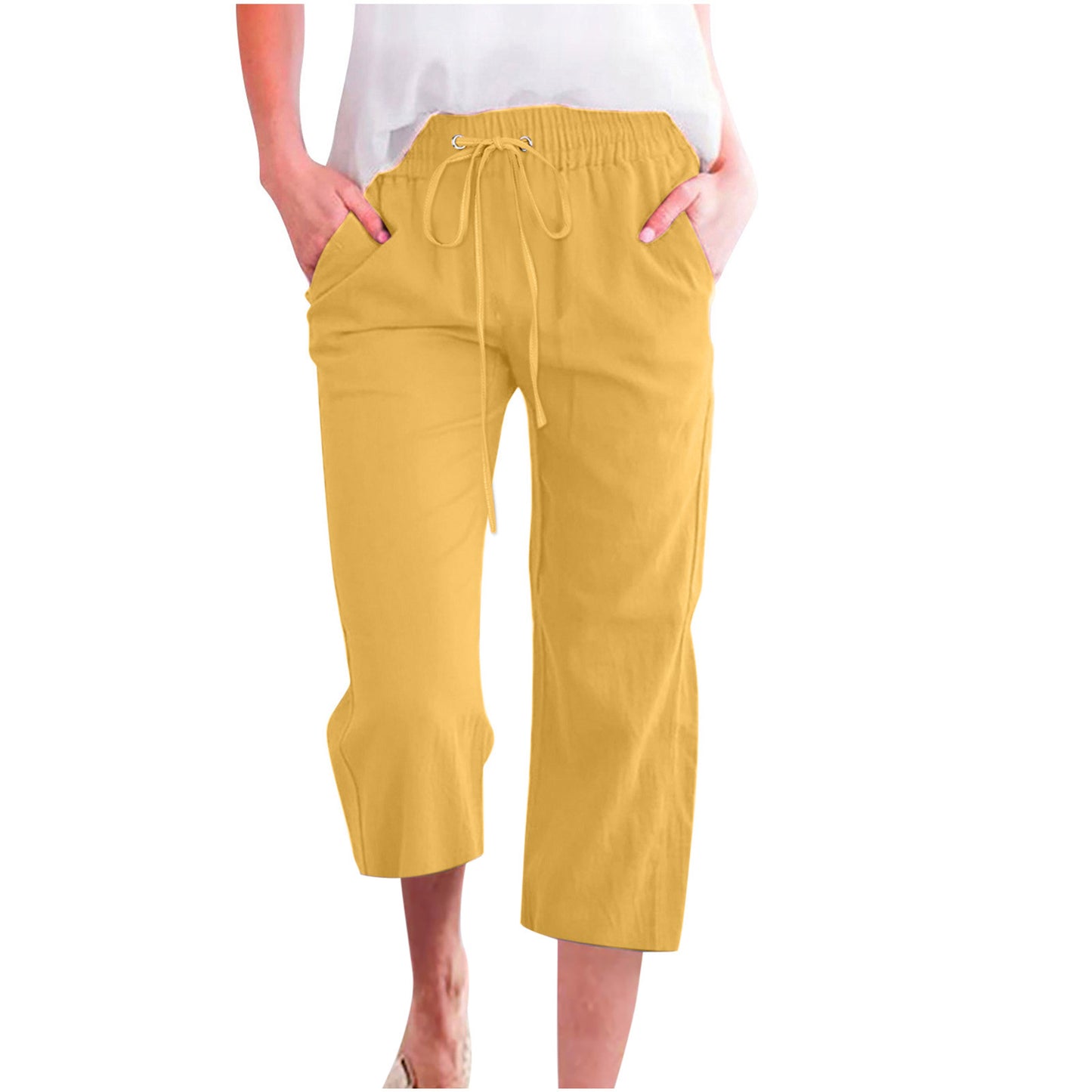 Pantalon décontracté ample en coton et lin pour femme avec poches droites