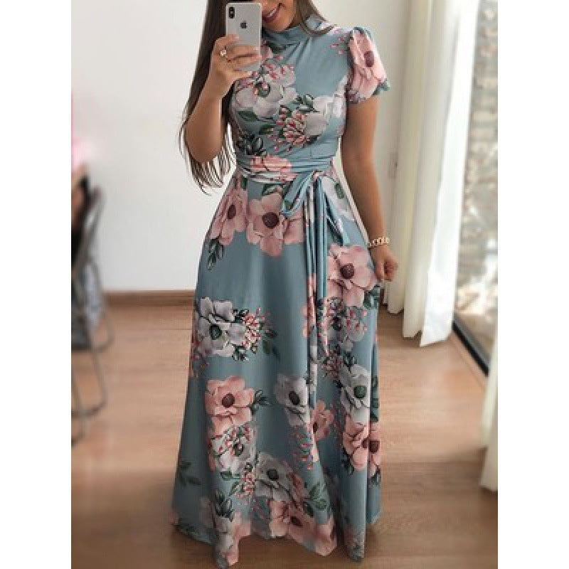 Women's Casual Printed Lace Up Maxi Dress Dresses