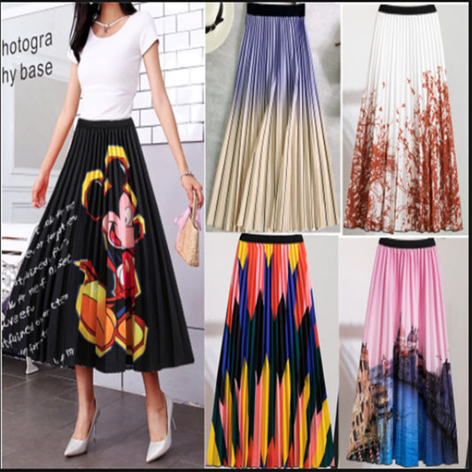 Women's New Half Printed Cartoon Pleated Skirts