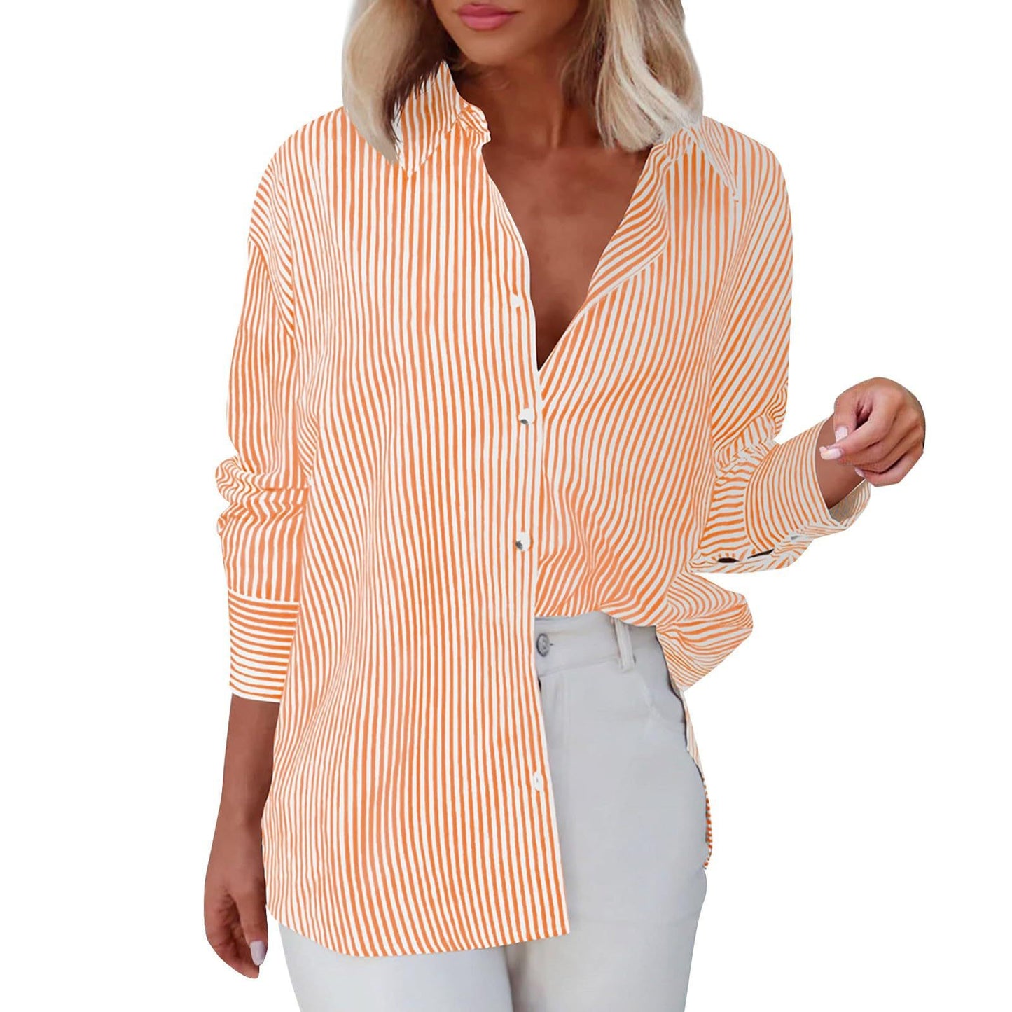 Women's With Pocket Loose Striped Classic Long Blouses