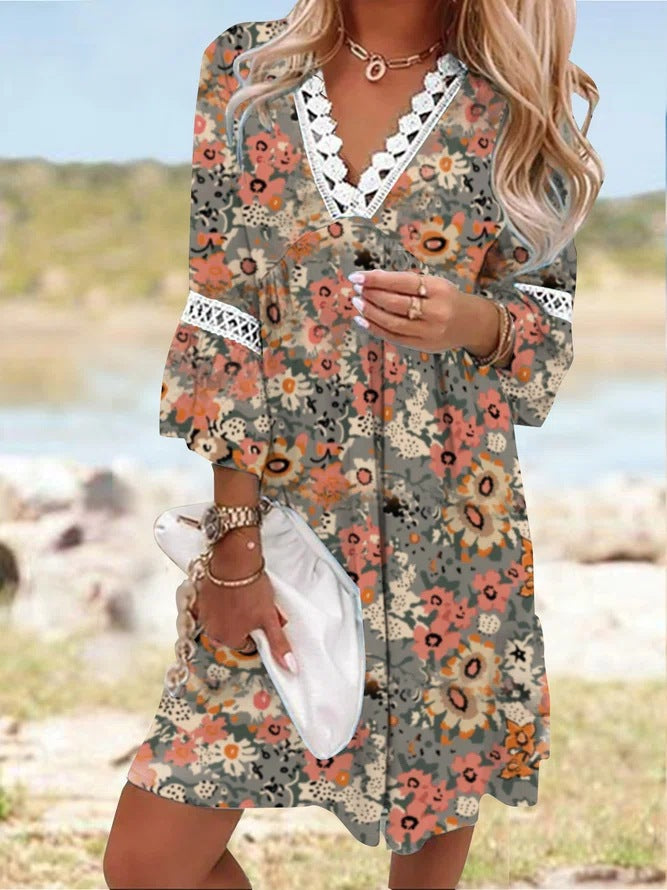 Spring V-neck Printed Lace Stitching Bohemian Casual Dresses