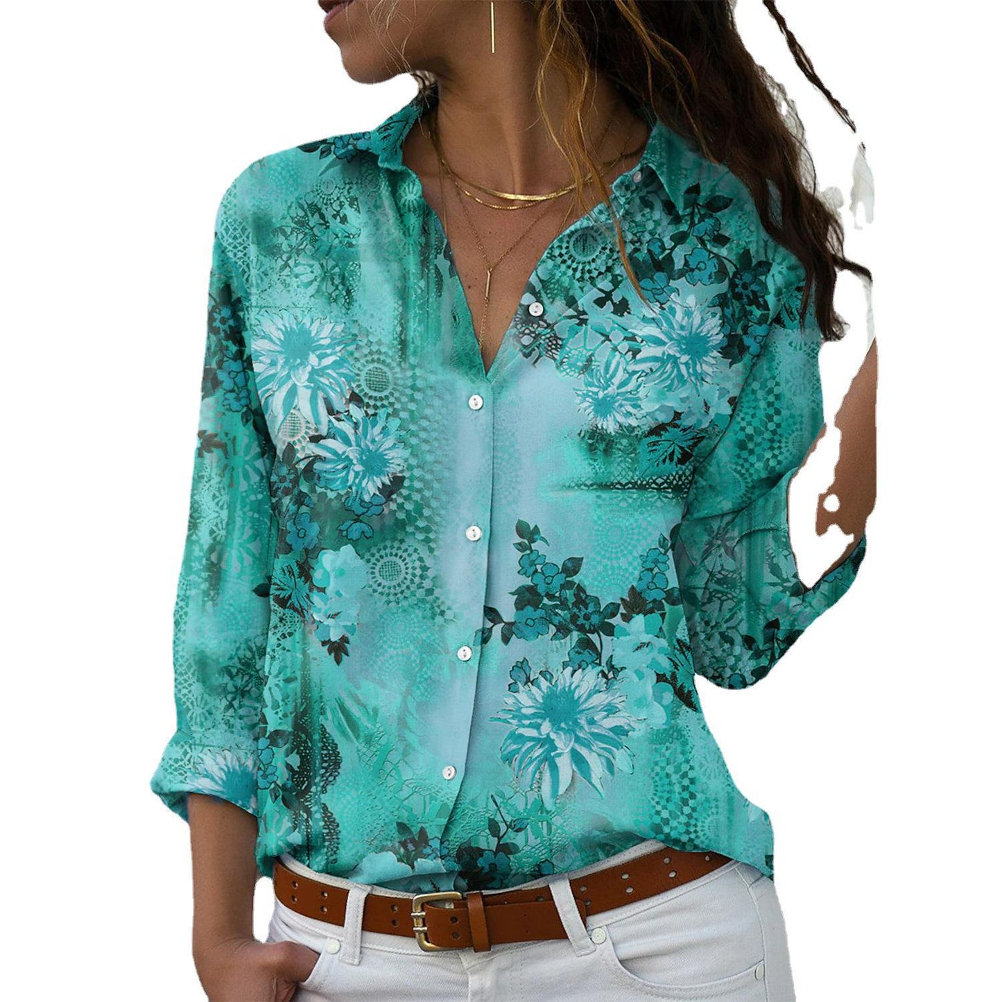 Women's Floral Print Shirt Ladies Long Sleeve Blouses