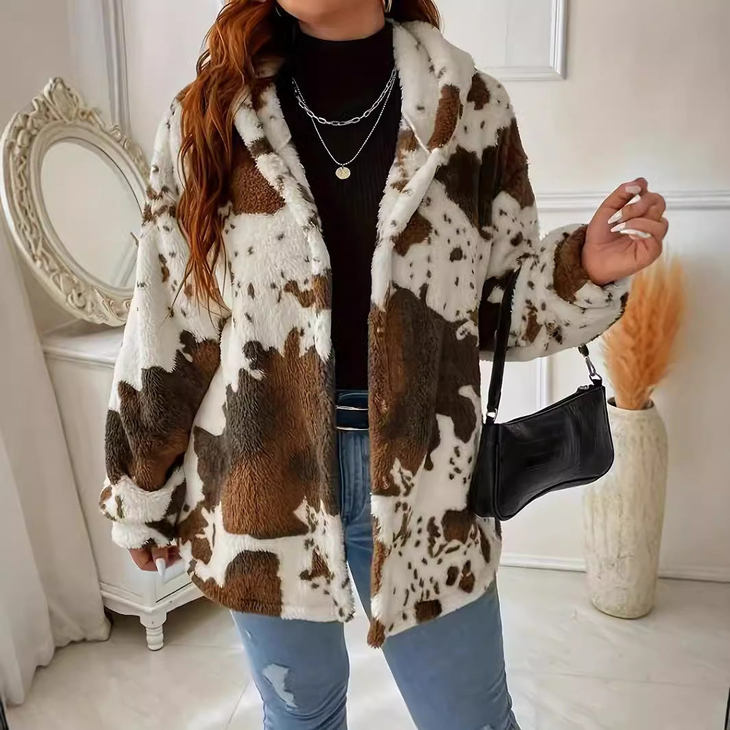 Women's Casual Fashion Plush Cow Print Zipper Sweaters