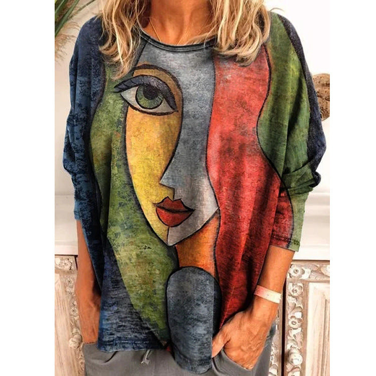 Women's Large Print Long Sleeve Loose T-shirt Blouses