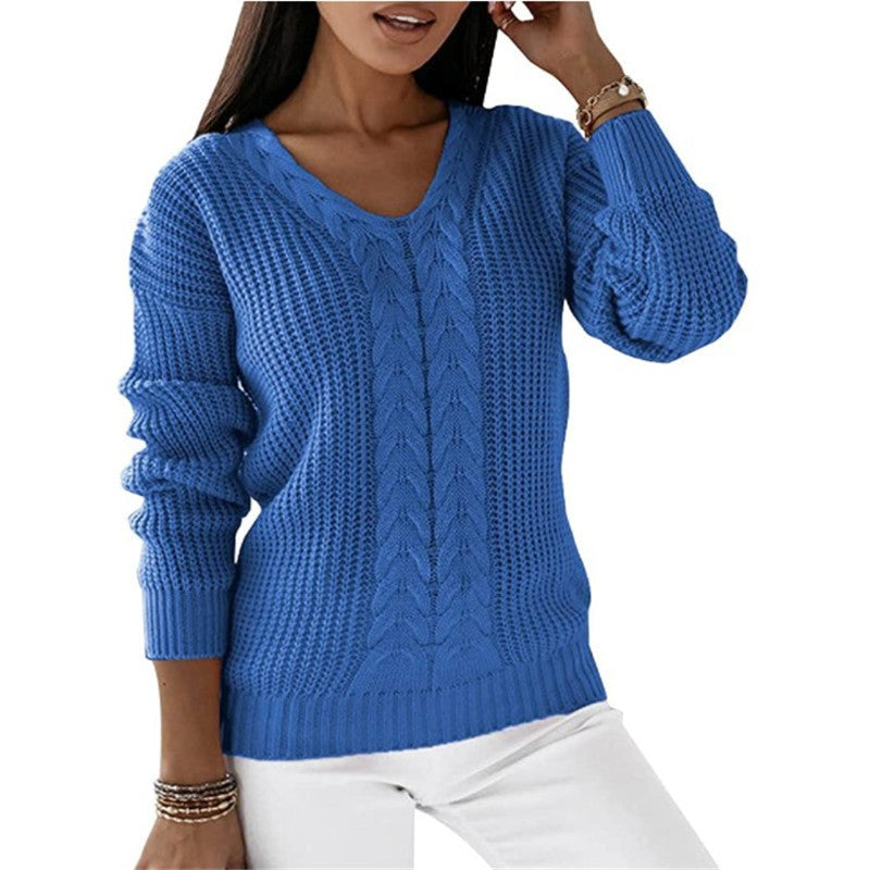 Women's Long Sleeve V-neck Solid Color Twist Casual Knitted Sweaters