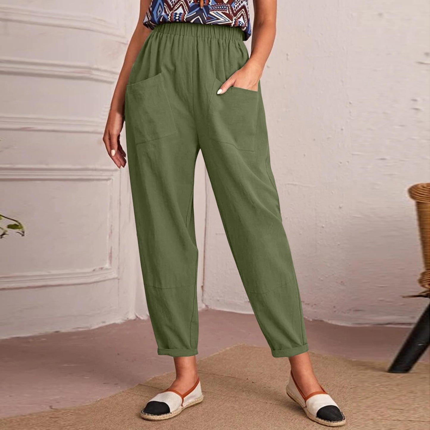 Pantalon en coton et lin à taille élastique pour femme avec poches diagonales