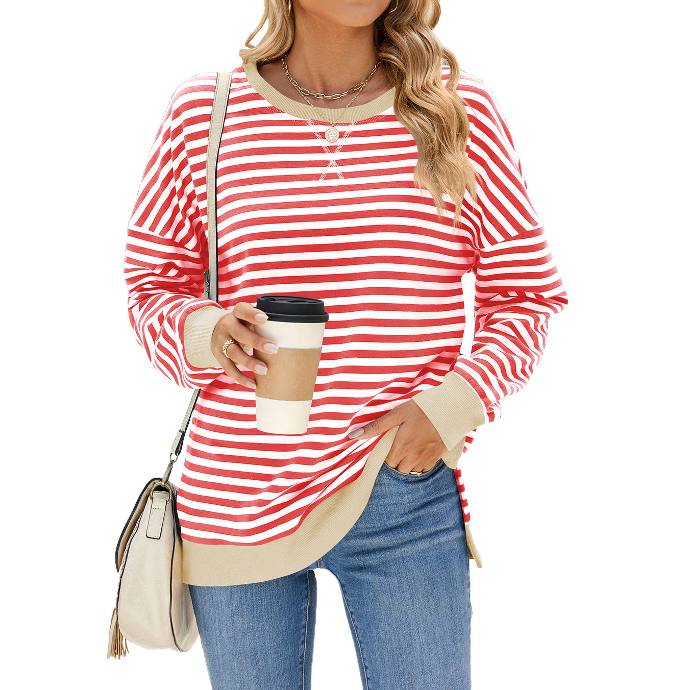 Women's Contrast Color Round Neck Split Long Sweaters