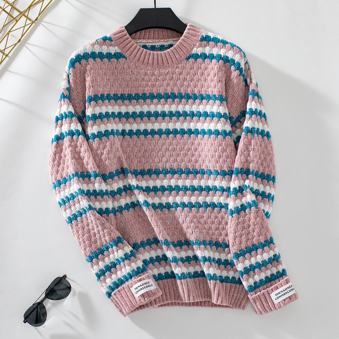 Women's Color Striped Round Neck Pullover Chenille Loose Sweaters