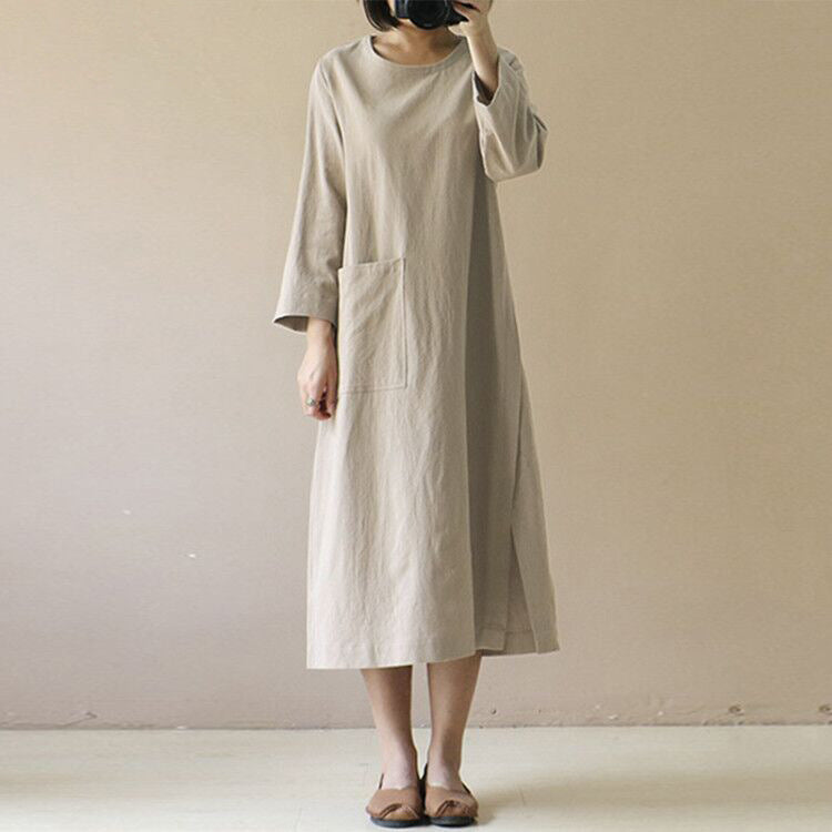 Women's Cotton Linen Solid Color Dress Artistic Retro Clothing