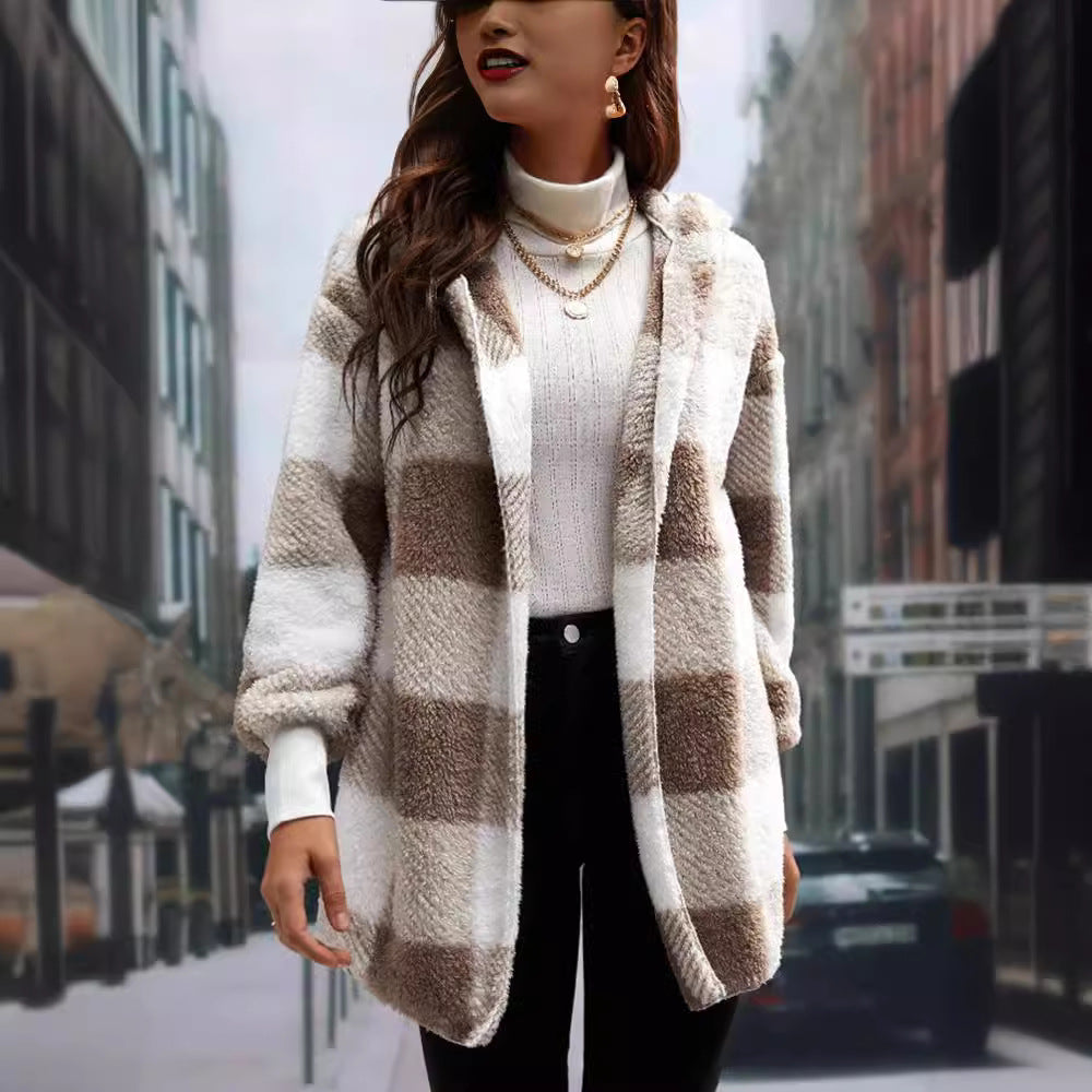 Women's Loose Plaid Color Stitching Knitted Fashion Coats