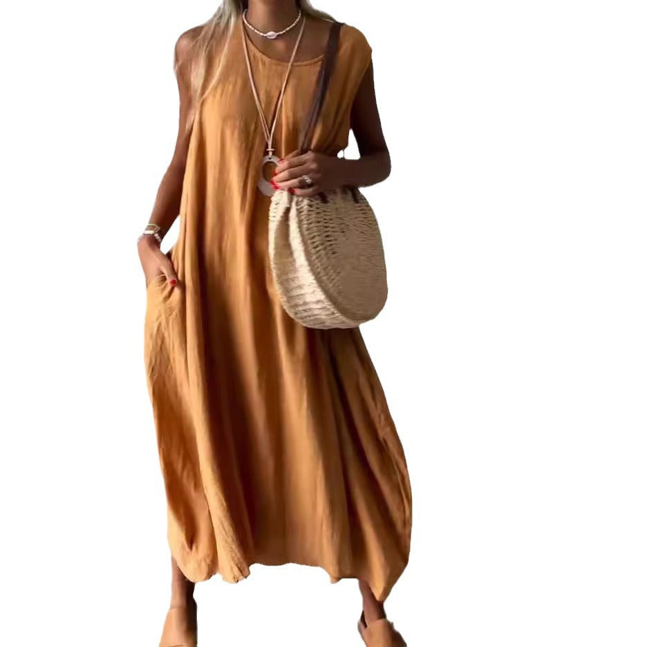 Women's Summer Casual Cotton Linen Solid Color Pocket Long Dresses