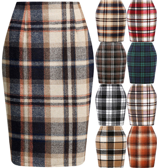 Women's Tartan High Waist Tight Knee-length Wool Skirts