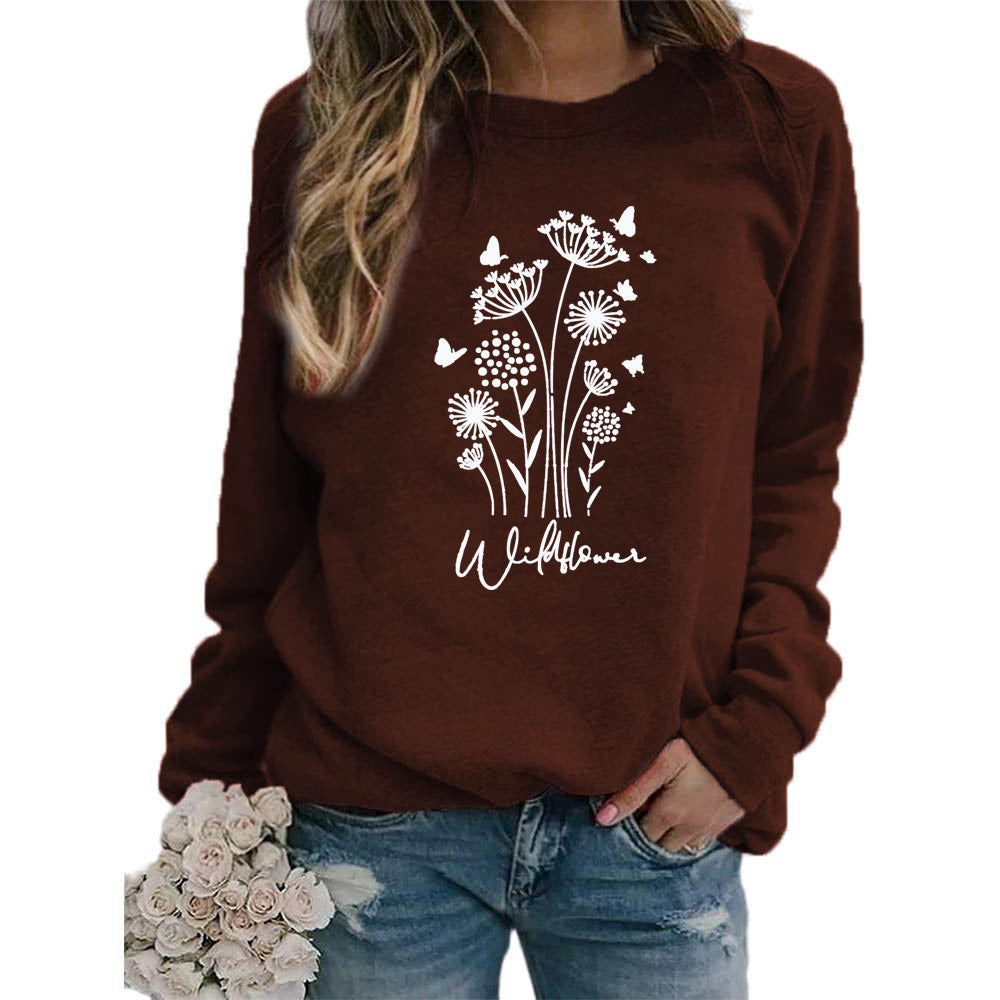 Women's Wild Grass Butterfly Printed Crew Neck Sweaters