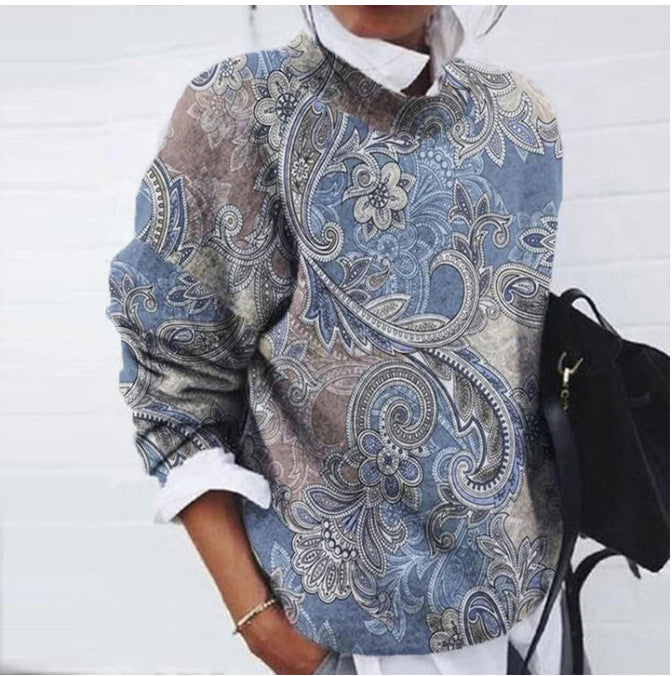 Women's Grinding Flower Printed Loose Long Sleeves Blouses