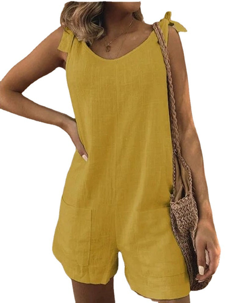 Women's Summer Solid Color Cotton And Linen Jumpsuits