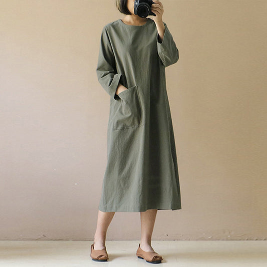 Women's Cotton Linen Solid Color Dress Artistic Retro Clothing