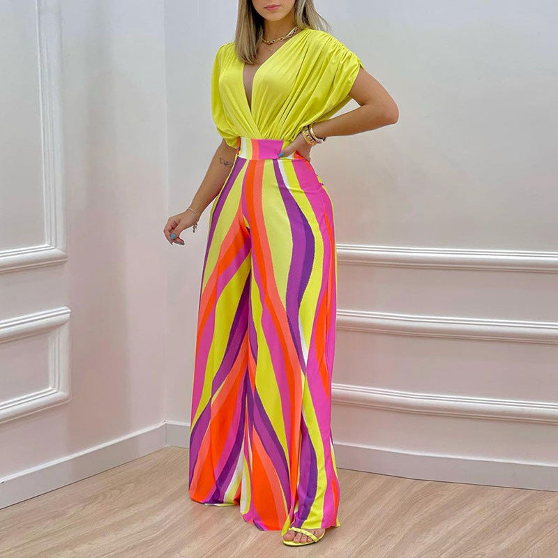 Women's Summer Elegant V-neck Printed Wide-leg Casual High Suits