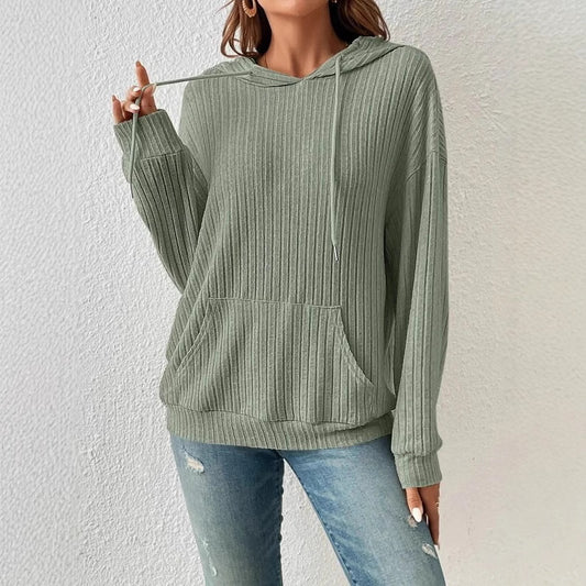 Women's Hooded Sunken Stripe Kangaroo Pocket Sweatshirt Knitwear