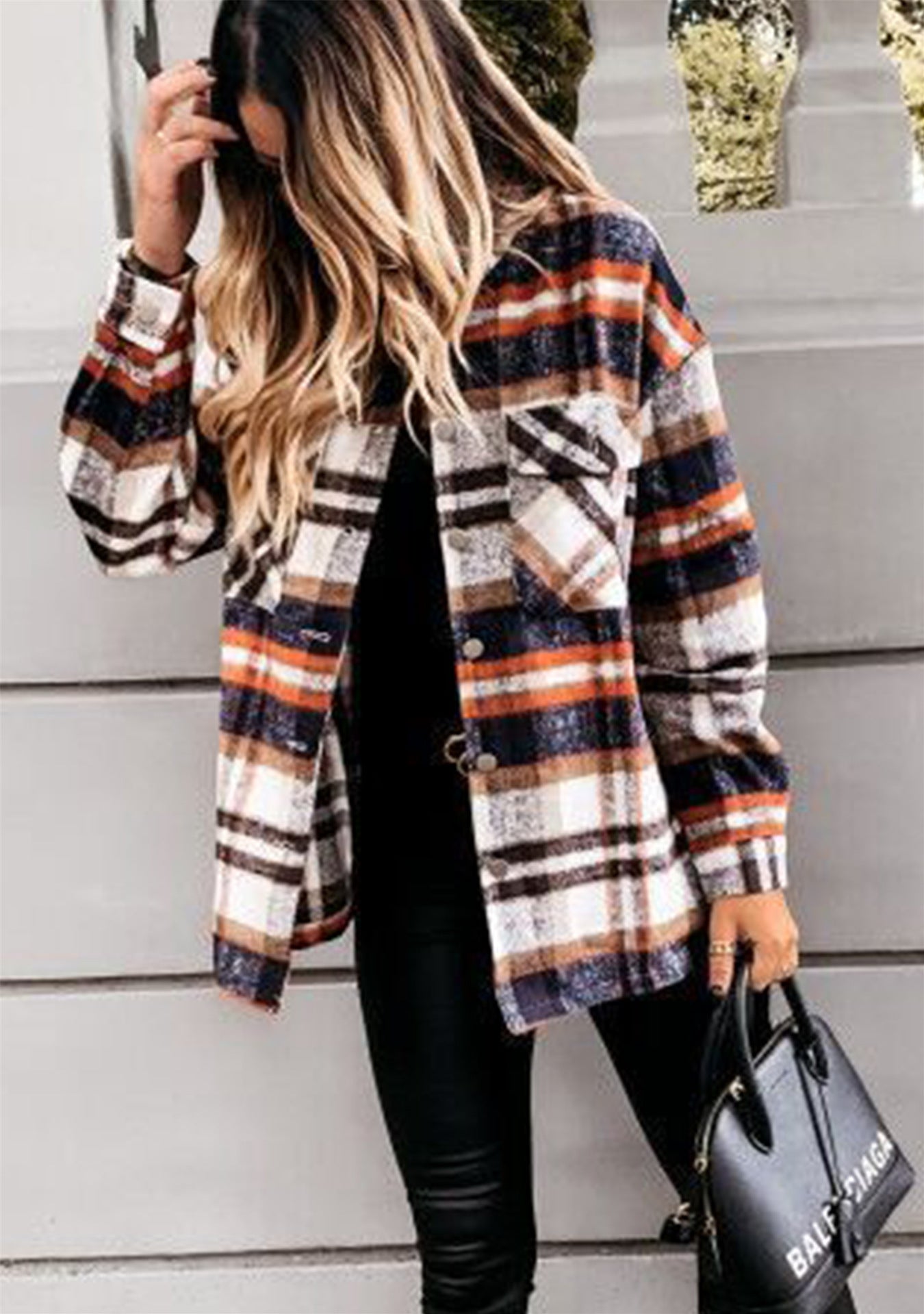 Women's Long Sleeve Large Pocket Loose Plaid Blouses